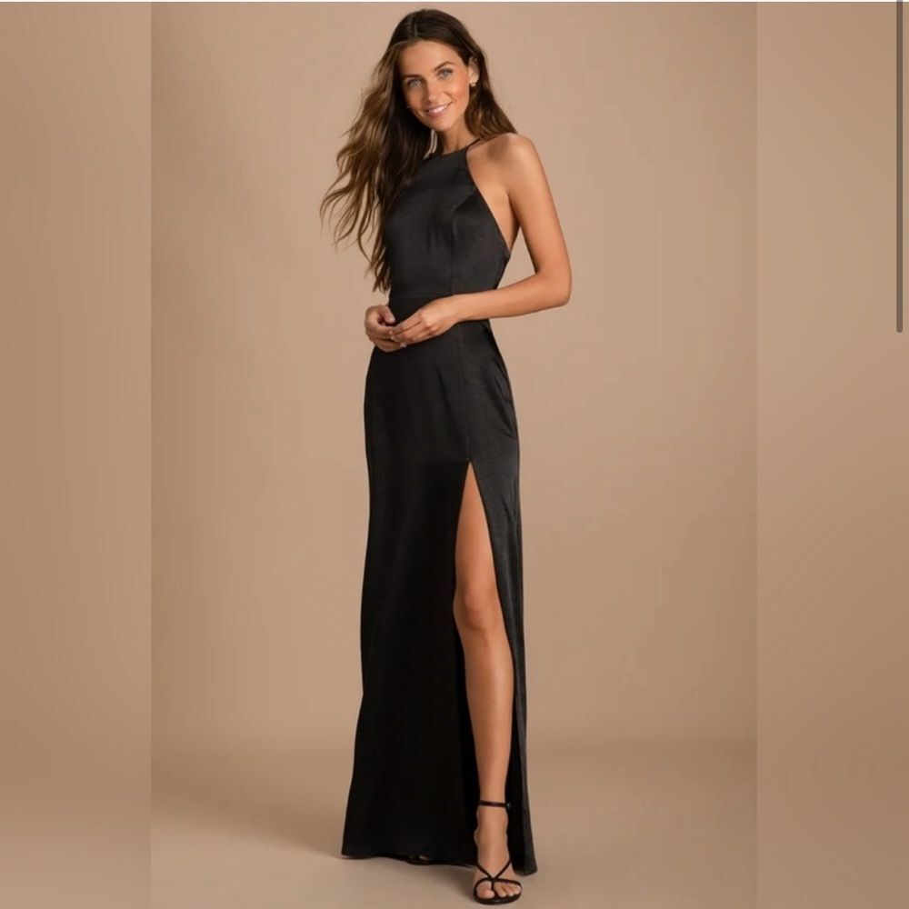 Lulu's Black Satin Halter Maxi Dress with Thigh Slit